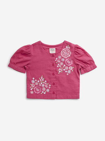 Utsa Kids Dark Pink Floral Embroidered Cotton Ethnic Top (2-8 years)