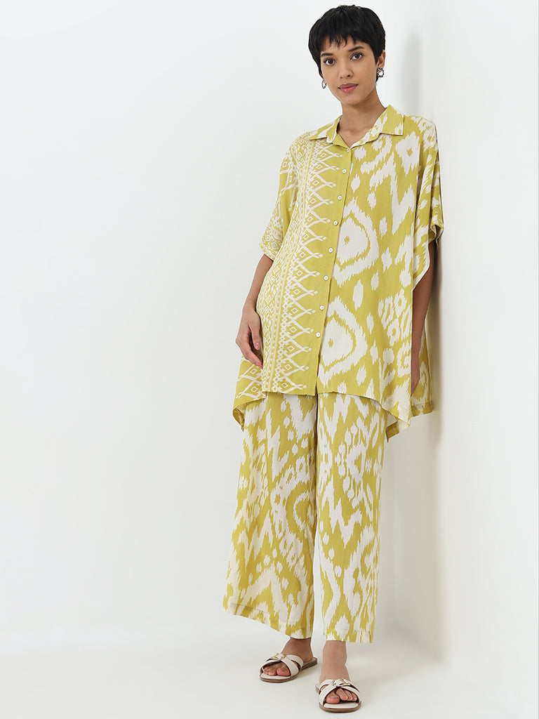 Utsa Yellow Ikat Printed Kaftan-Style A-Line Cotton Tunic