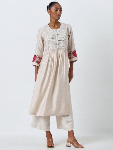 Zuba Beige Embellished A-Line Kurta