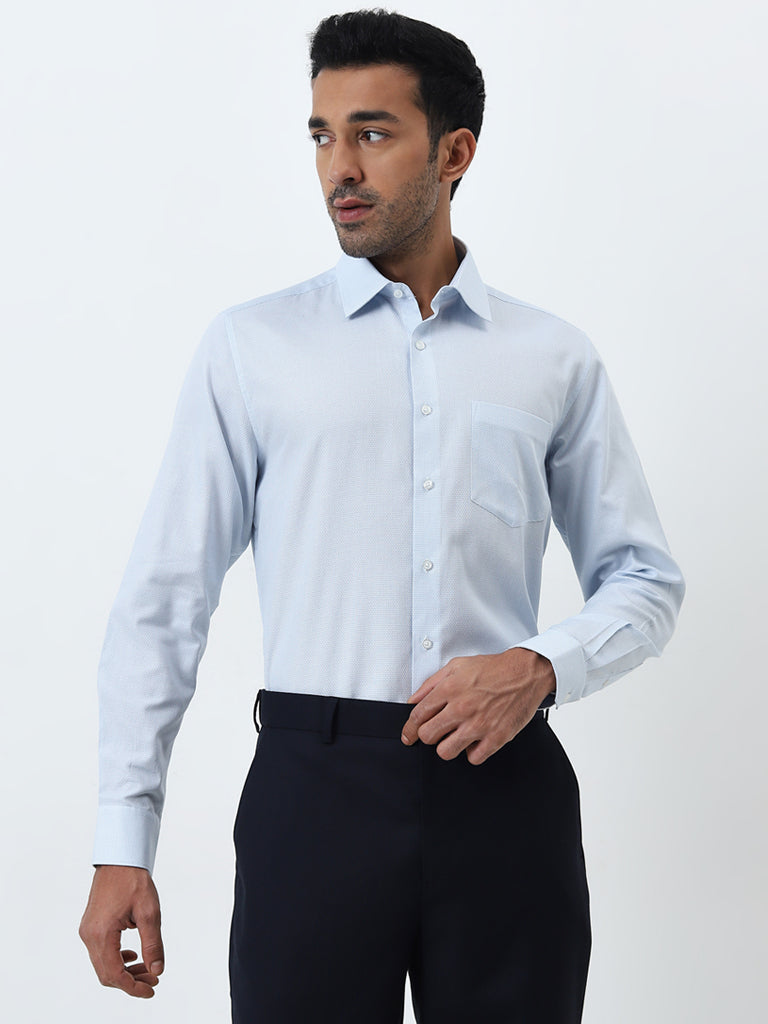 WES Formals Light Blue Slim-Fit Cotton Shirt