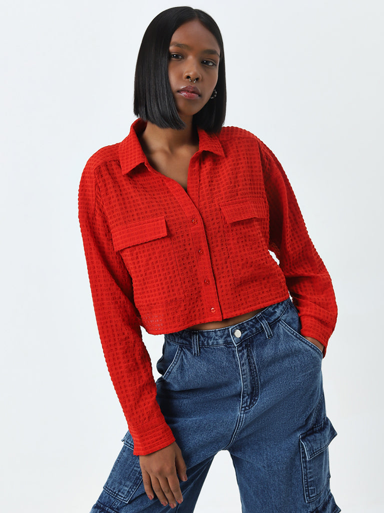 Nuon Red Waffle-Textured Shirt