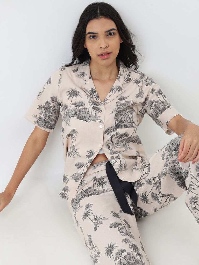 Wunderlove Beige Cotton Shirt with High-Rise Pyjamas Set