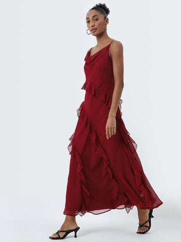 Wardrobe Red Ruffle Detailed A-Line Dress