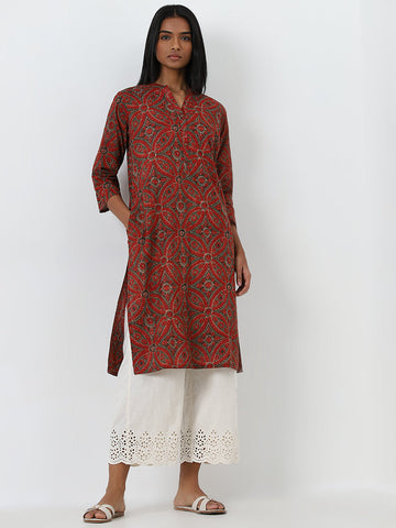 Utsa Red Printed Straight Cotton Kurta