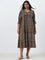 Diza Brown Leaf Printed Fit-and-Flare Tiered Dress