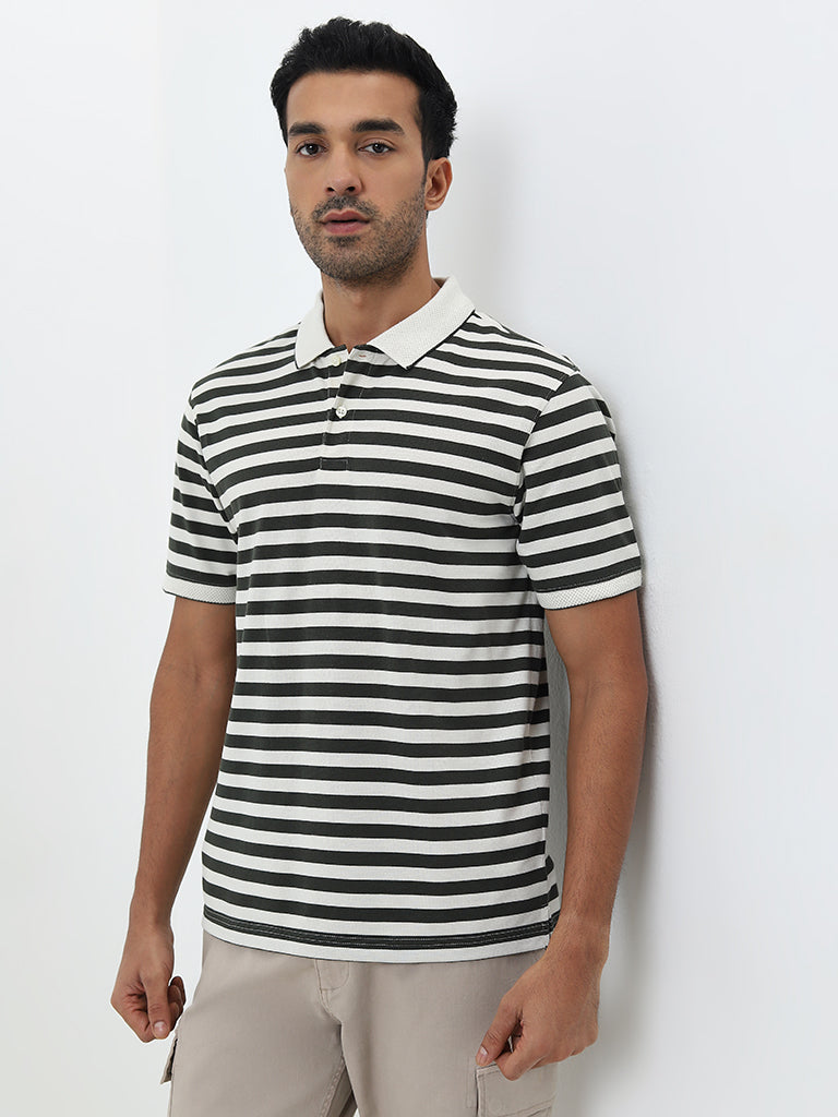 WES Casuals Olive Striped Slim-Fit Polo T-Shirt