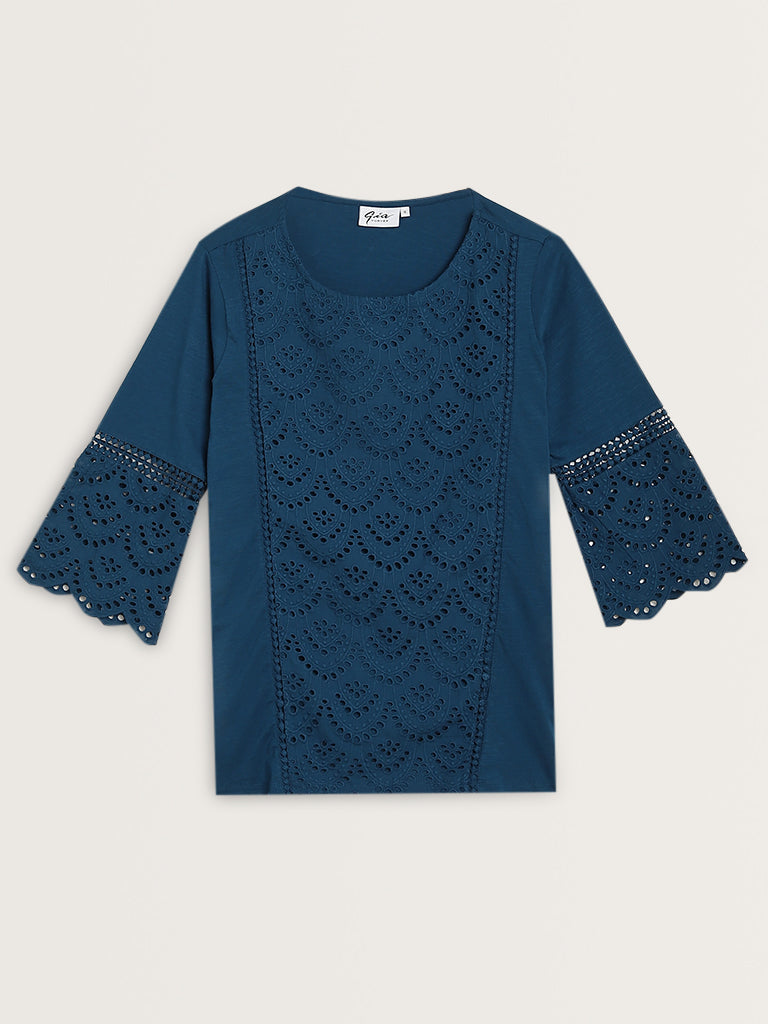 Gia Dark Blue Schiffli Design Cotton Blouse