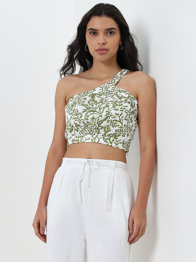 LOV Green Foliage Design One-Shoulder Cotton Top