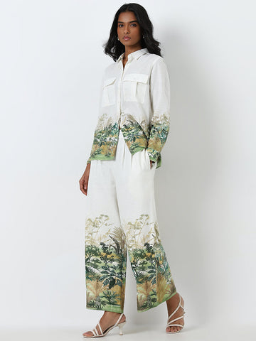 LOV Off-White Printed High-Rise Blended Linen Palazzos