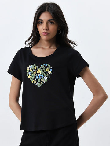 LOV Black Floral Printed Cotton T-Shirt