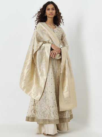 Vark Beige Embellished A-Line Kurta, Skirt and Dupatta Set