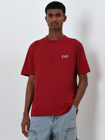 Nuon Red Text Design Relaxed-Fit Cotton T-Shirt