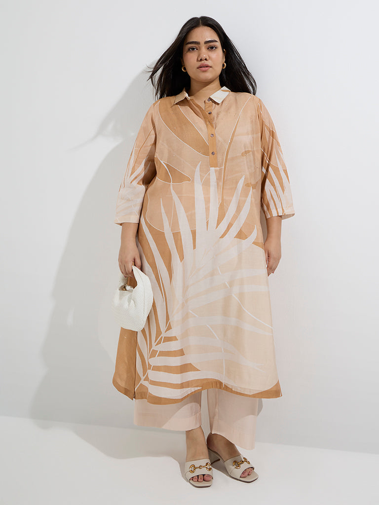 Diza Beige Leaf Printed A-Line Kurta