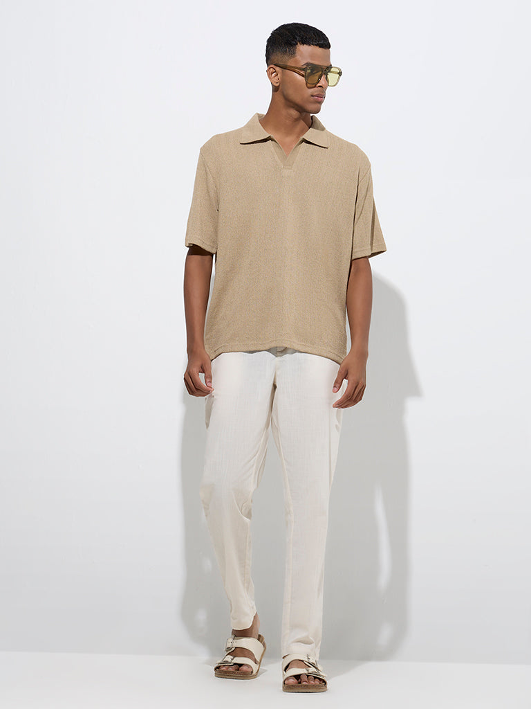 ETA Taupe Knit-Textured Relaxed-Fit Polo T-Shirt