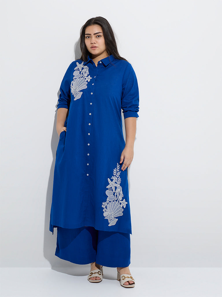 Diza Blue Sealife-Inspired High-Low Cotton Kurta