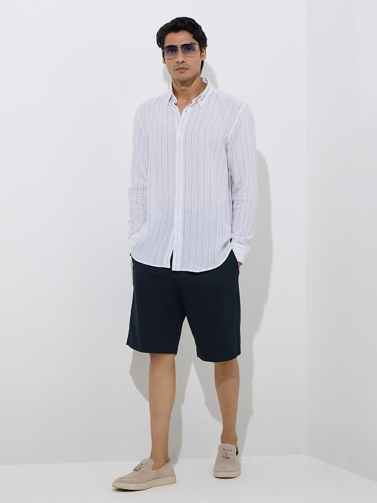 Ascot White Stripe Printed Relaxed-Fit Linen Shirt
