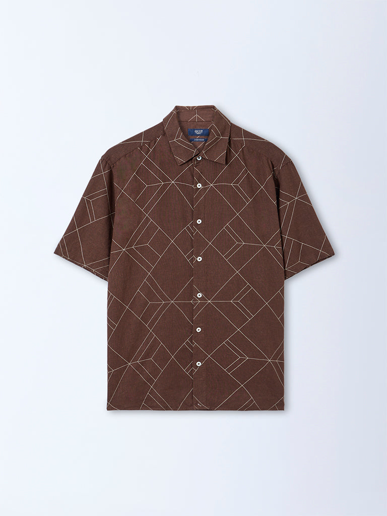 Ascot Dark Brown Printed Relaxed Fit Linen Blend Shirt