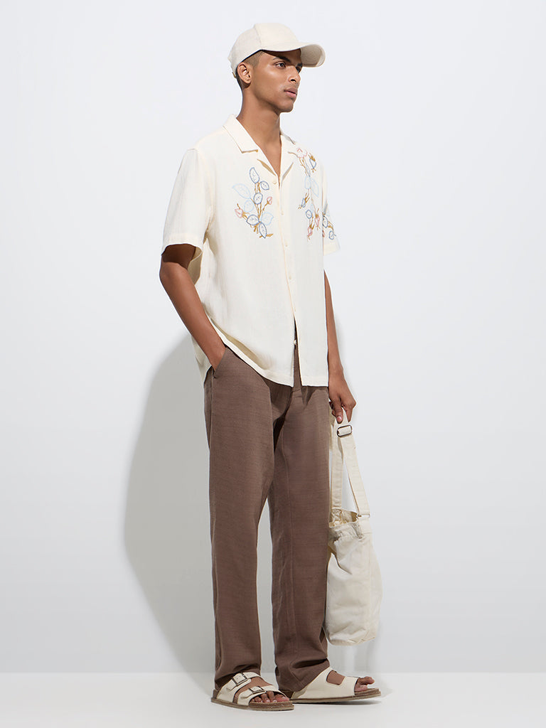 ETA Cream Embroidered Relaxed-Fit Cotton Shirt
