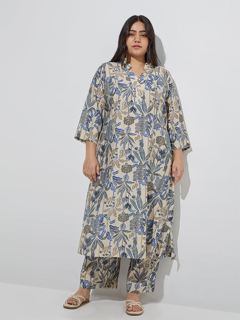 Diza Beige Botanical-Inspired A-Line Kurta