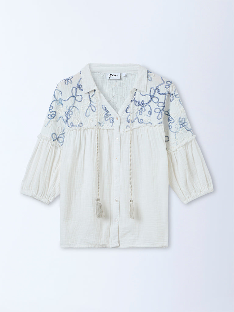 Gia Off-White Floral Embroidered Cotton Blouse