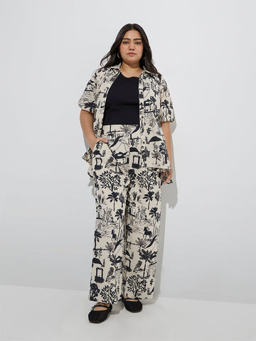 Gia Beige Scenic-Inspired High-Rise Cotton-Blend Pants