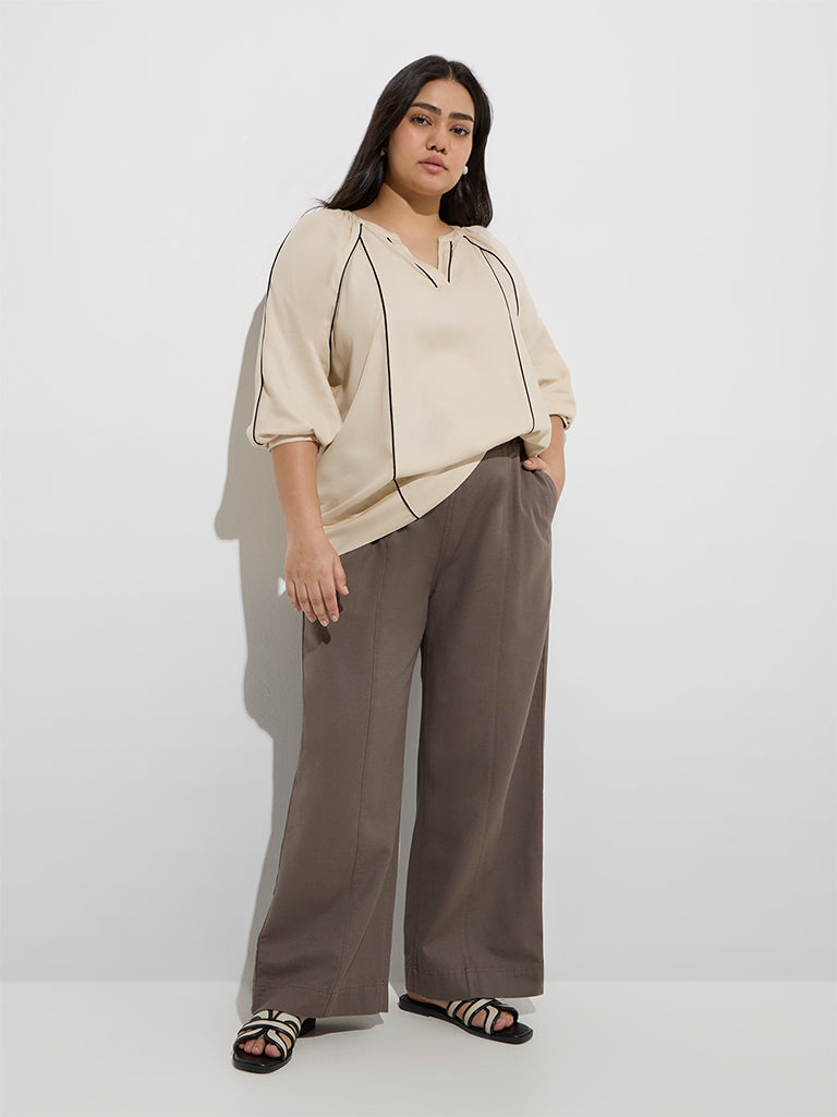 Gia Taupe Solid High-Rise Cotton Pants