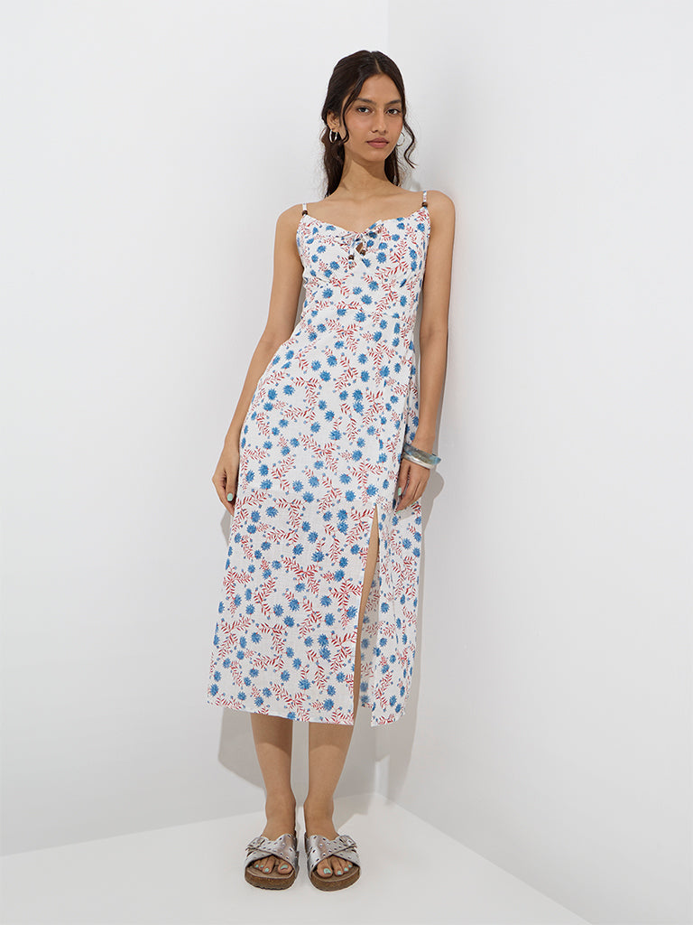 Bombay Paisley White Floral Detailed Cotton Straight Dress