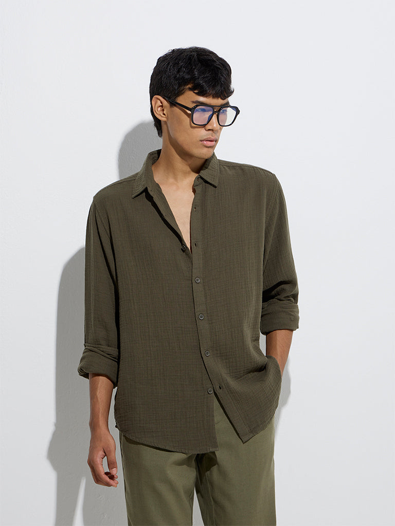 ETA Olive Crinkle Textured Relaxed-Fit Cotton Shirt
