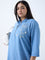 Diza Blue Floral Embroidered Straight Denim Kurta