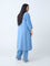 Diza Blue Floral Embroidered Straight Denim Kurta