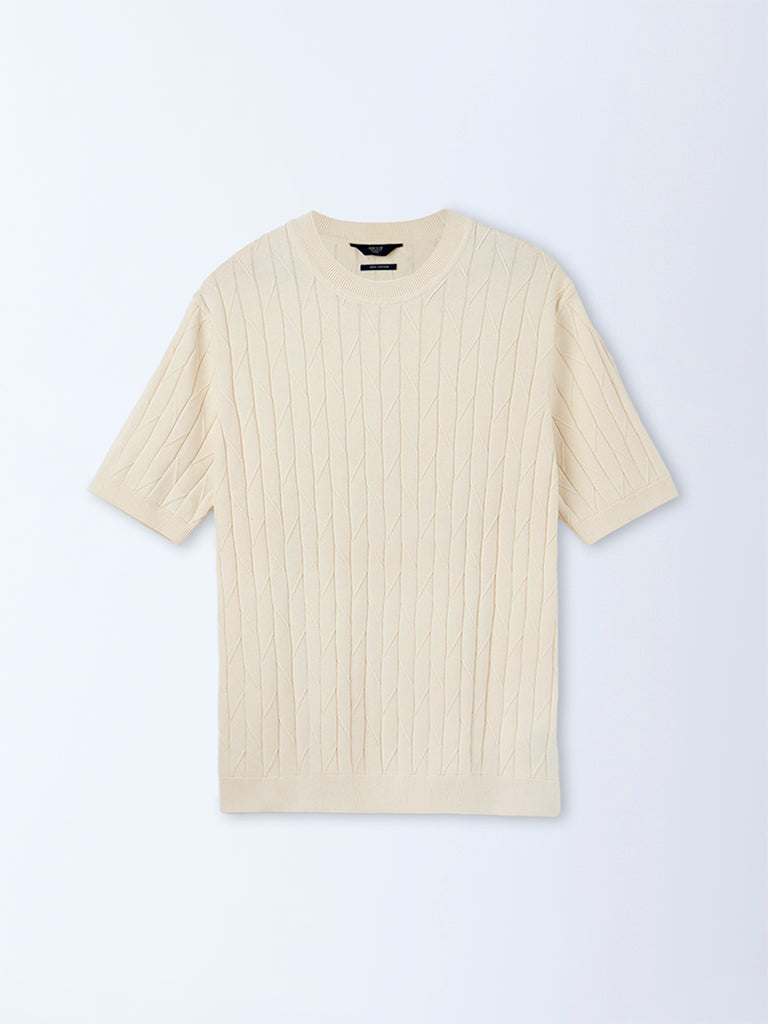 Ascot Beige Knit-Textured Relaxed-Fit Cotton T-Shirt