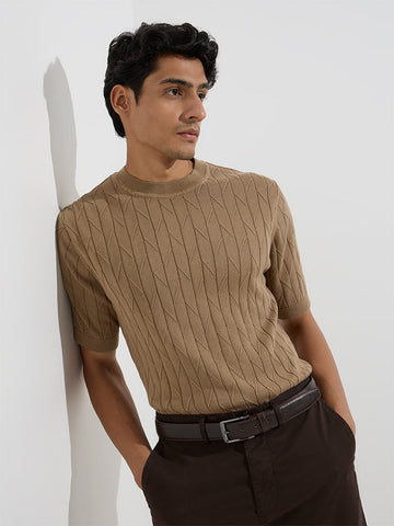 Ascot Taupe Knit-Textured Relaxed-Fit Cotton T-Shirt