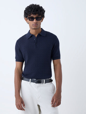 Ascot Navy Cable-Knit Relaxed-Fit Cotton Polo T-Shirt