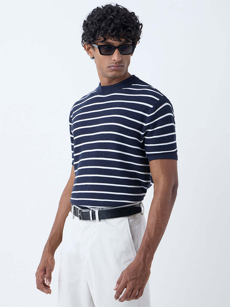 Ascot Navy Stripe Patterned Relaxed-Fit Cotton T-Shirt