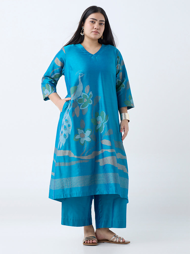 Diza Blue Nature-Inspired A-Line Kurta