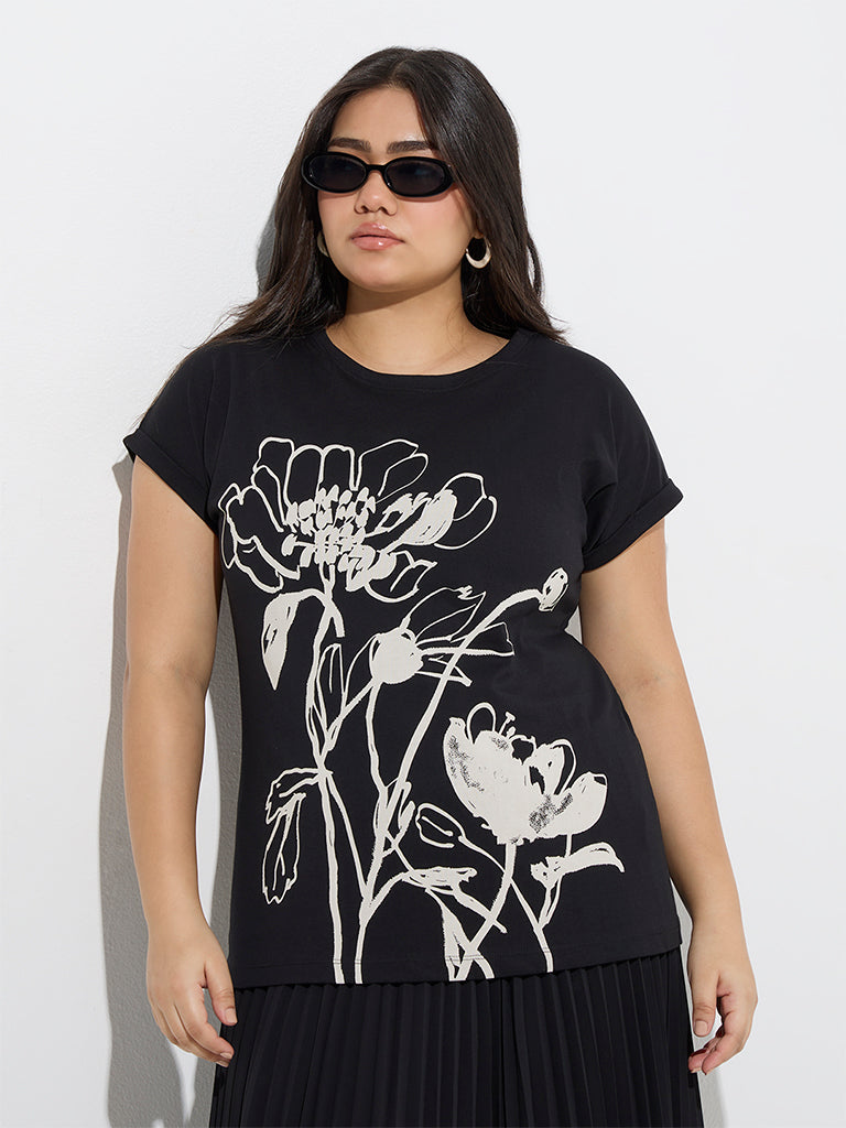 Gia Black Floral Pattern Cotton T-Shirt