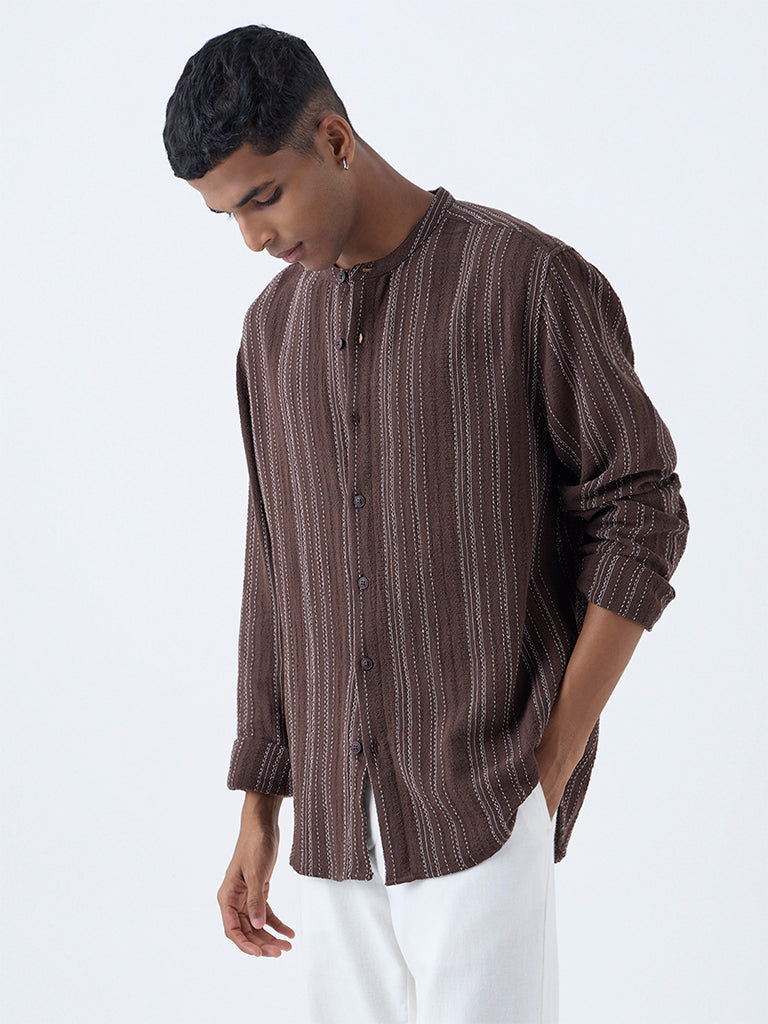 ETA Dark Brown Striped Relaxed-Fit Cotton Shirt