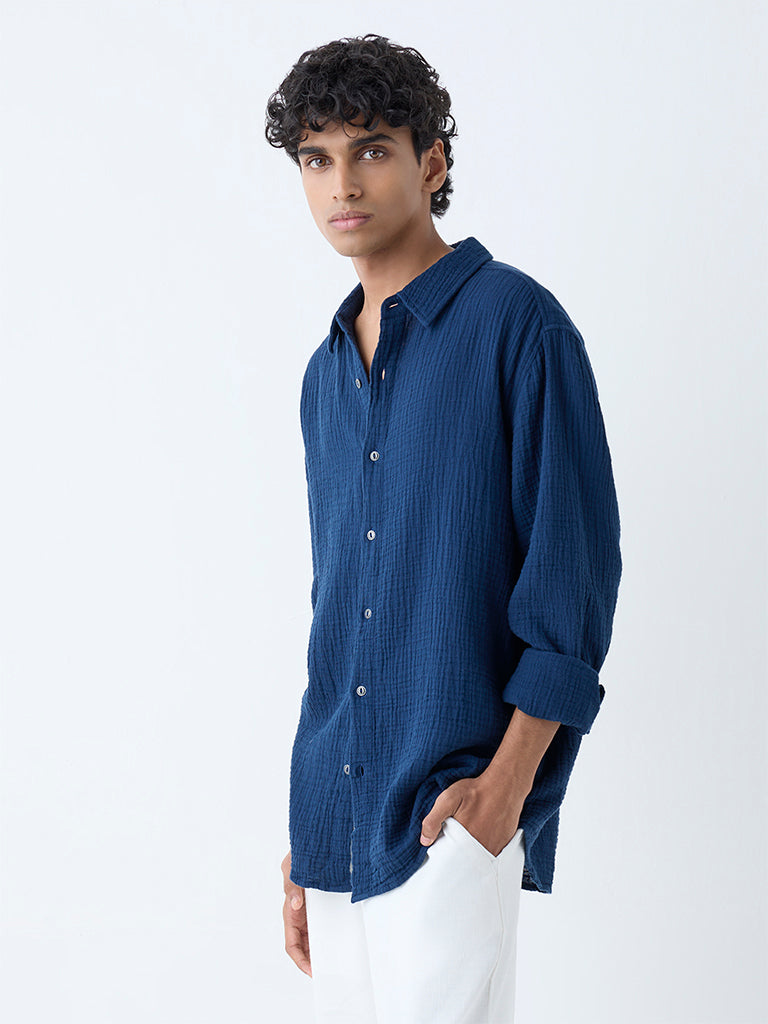 ETA Indigo Crinkle-Textured Relaxed-Fit Cotton Shirt