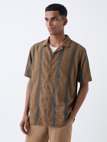 ETA Brown Embroidered Relaxed-Fit Cotton Shirt