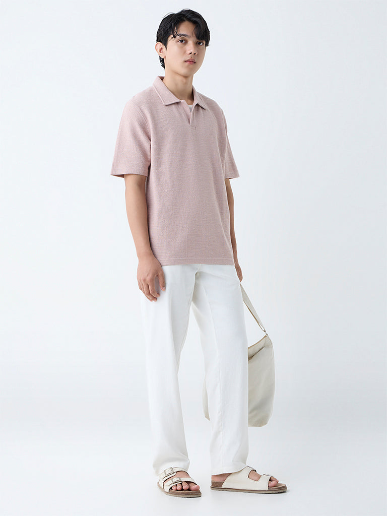 ETA Light Pink Self Relaxed-Fit Cotton-Blend Polo T-Shirt