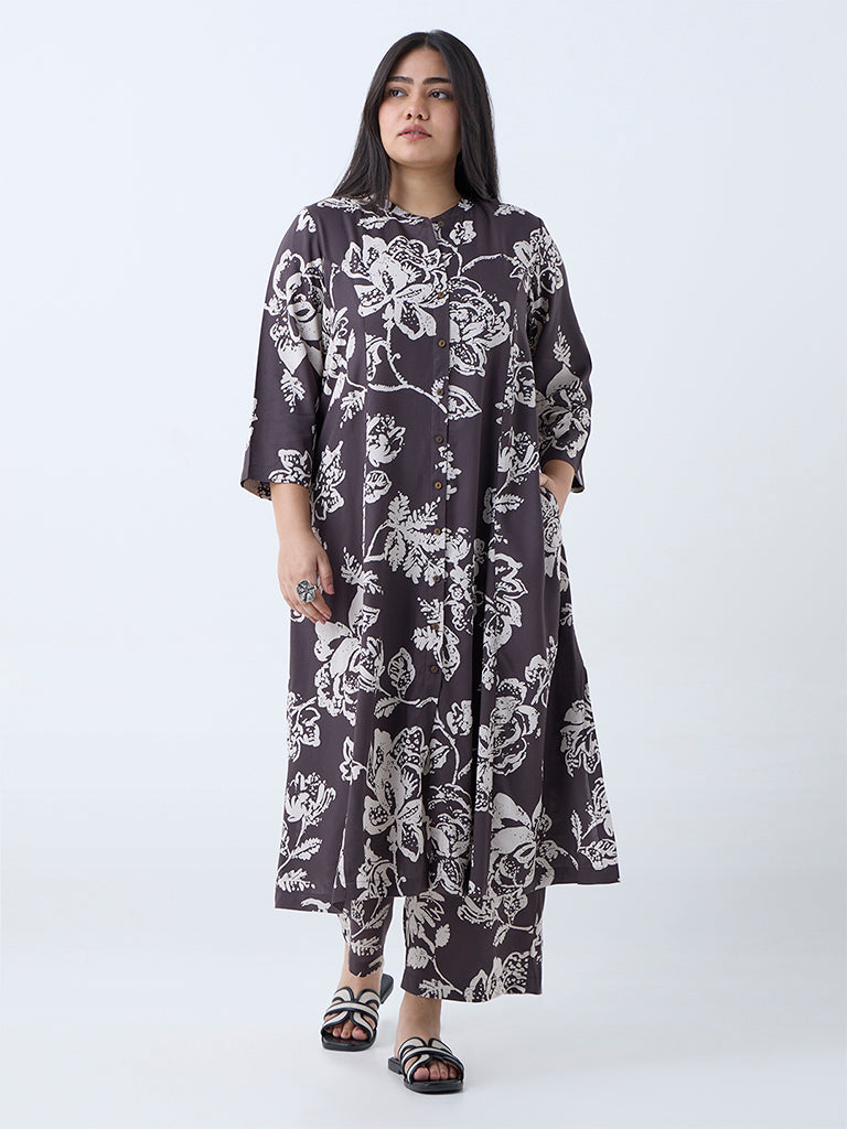 Diza Dark Brown Floral Detailed Ethnic Pants