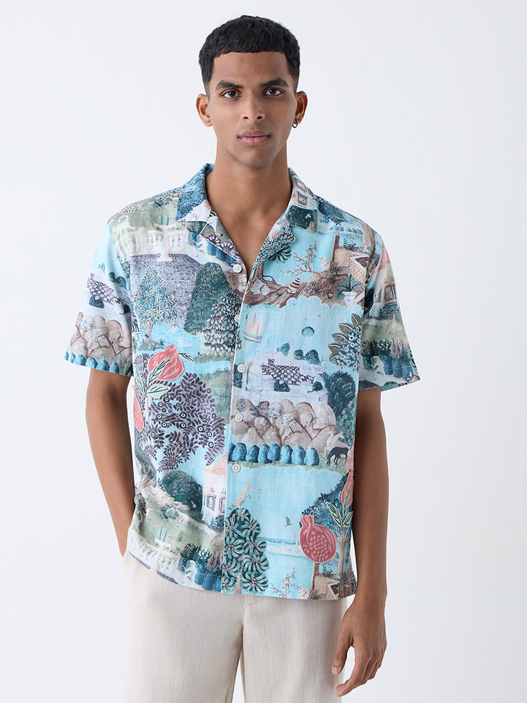 ETA Light Teal Scenic-Inspired Relaxed-Fit Cotton Shirt