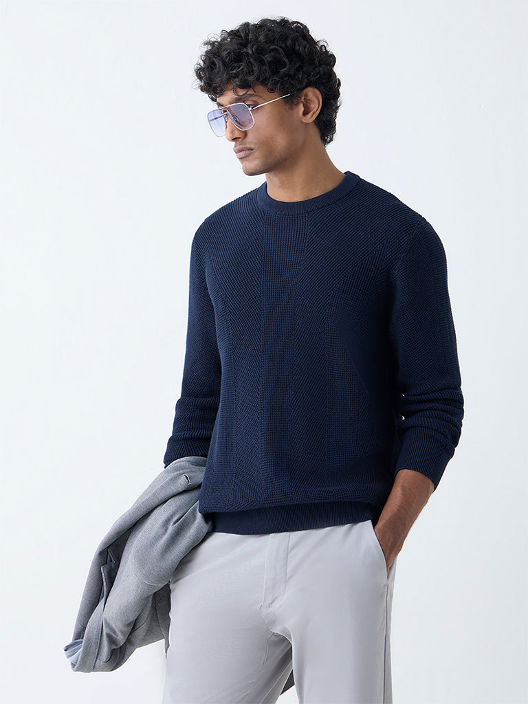 Ascot Navy Knit-Textured Relaxed-Fit Cotton Sweater