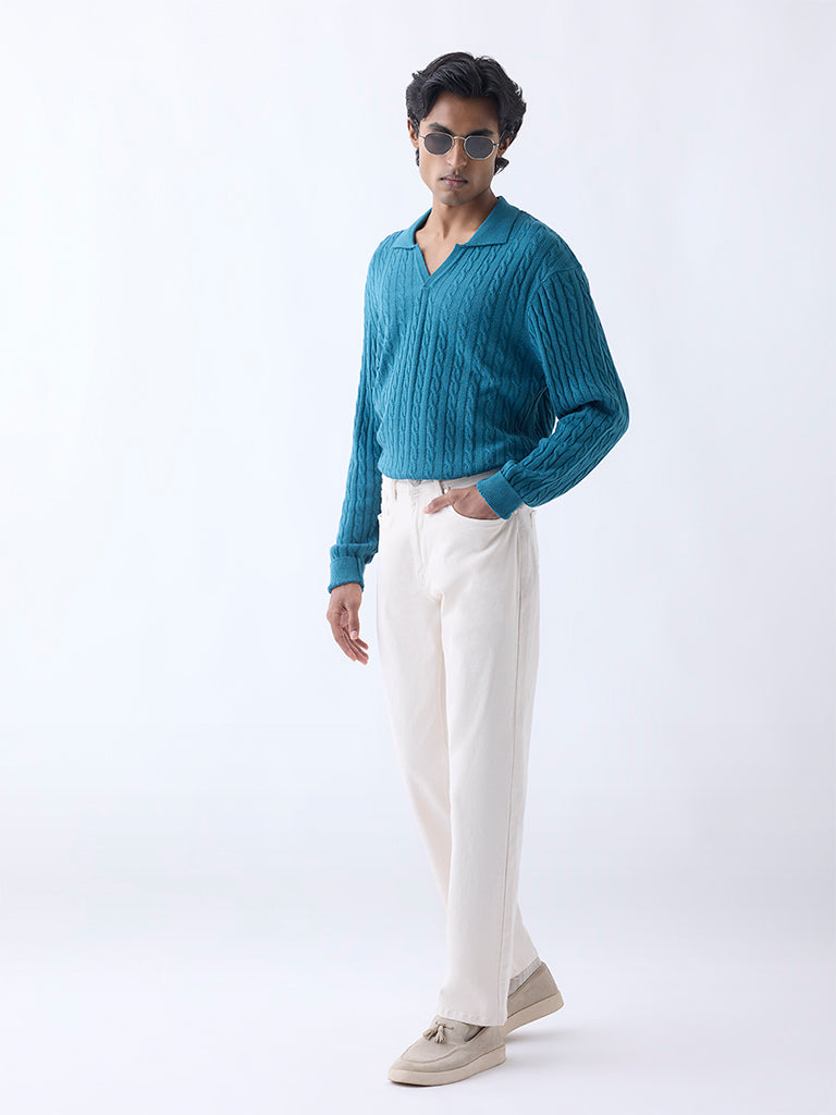 Ascot Teal Cable-Knit Relaxed-Fit Sweater