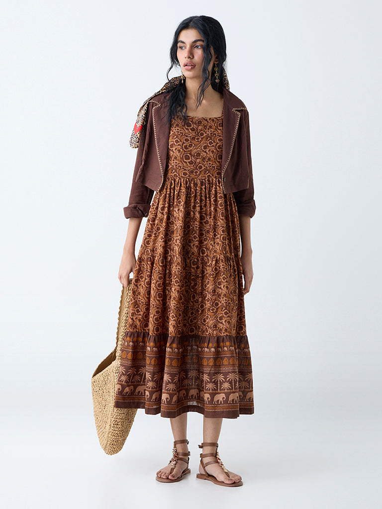 Bombay Paisley Brown Floral Cotton Tiered Dress with Jacket