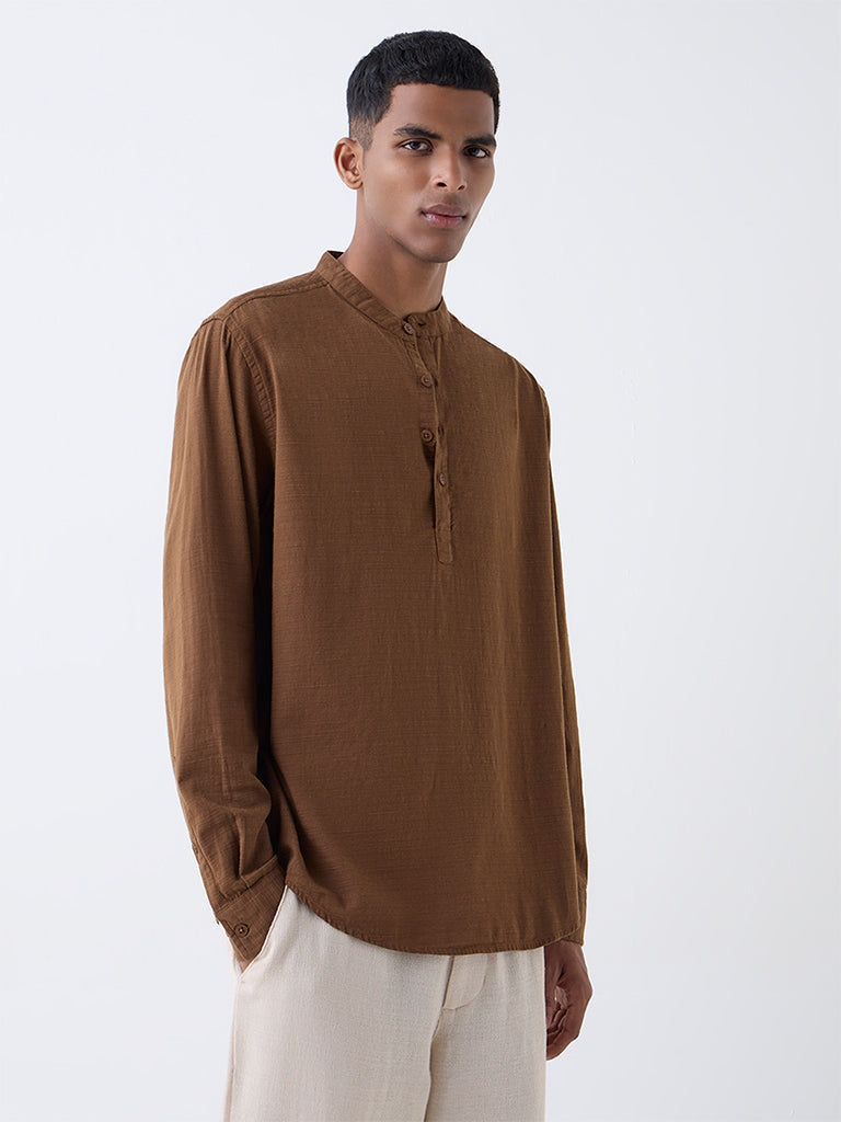 ETA Brown Self-Patterned Relaxed-Fit Cotton-Blend Shirt