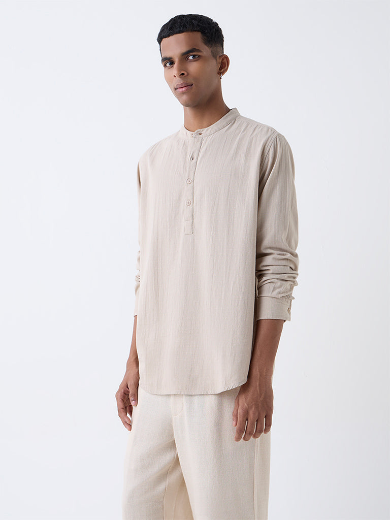 ETA Beige Self-Patterned Relaxed-Fit Cotton-Blend Shirt