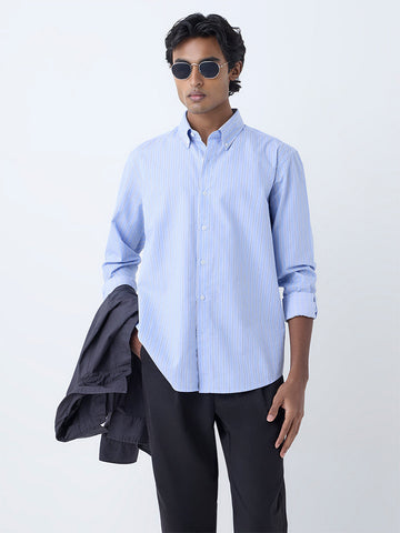 Ascot Blue Striped Relaxed-Fit Cotton Shirt
