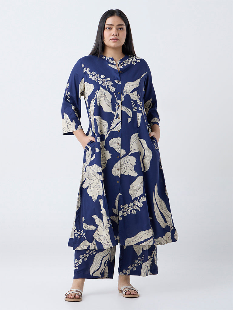 Diza Indigo Floral Printed A-Line Kurta