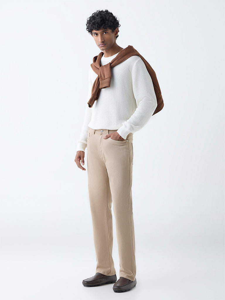 Ascot Beige Solid Relaxed-Fit Mid-Rise Jeans